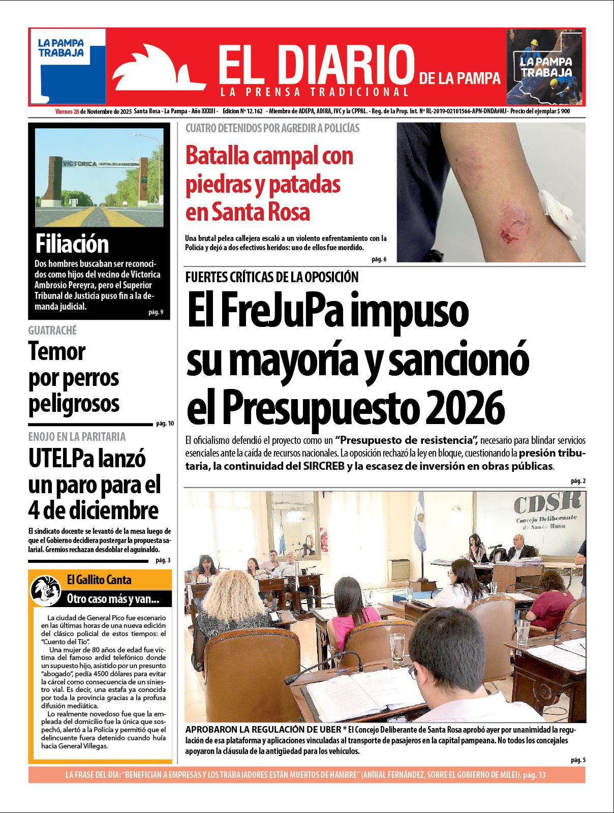 Tapa de El Diario en papel  viernes 28 de noviembre de 2025